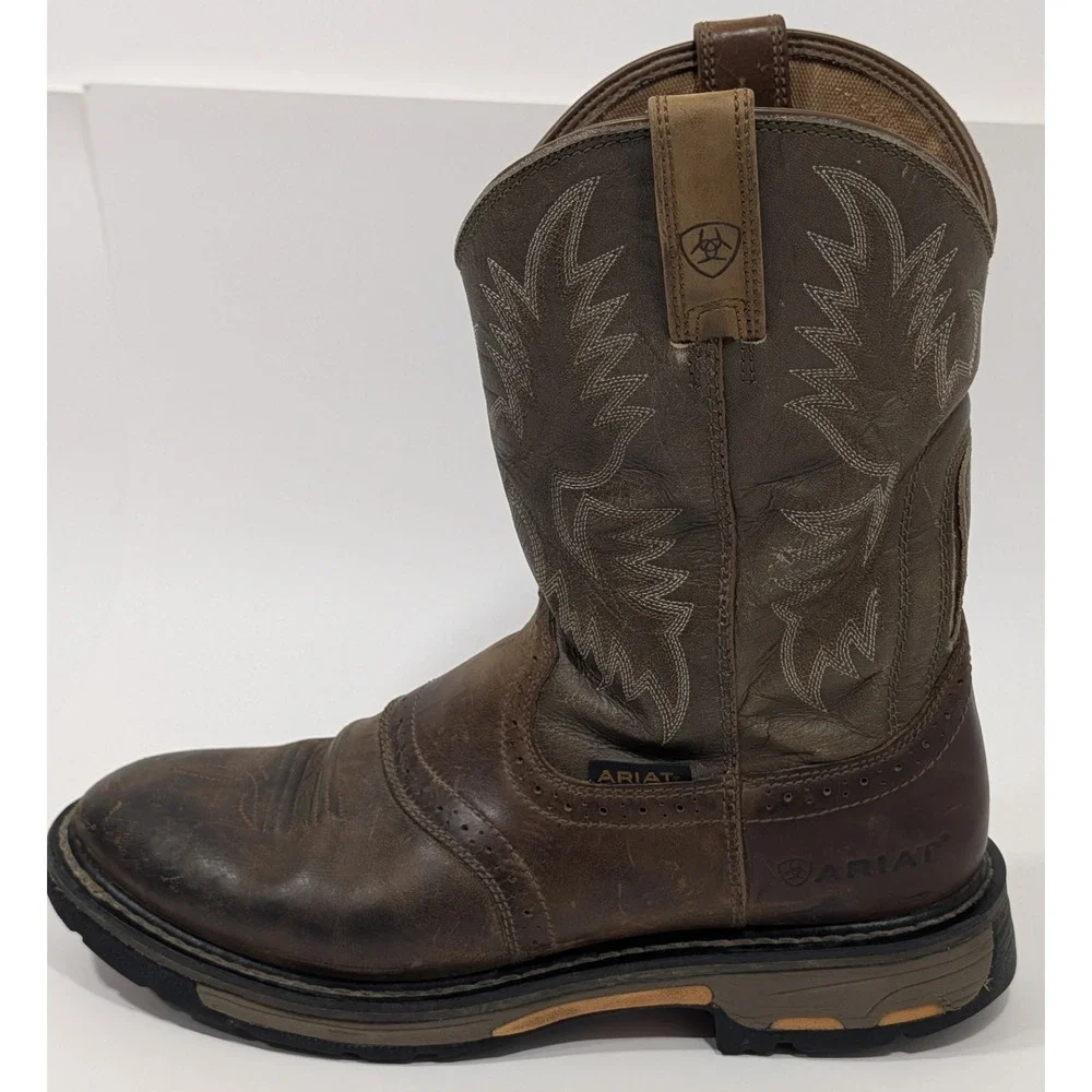 Ariat Men's WorkHog Pull-On soft toe Boots 11D Aged Bark Brown Leather 10001188